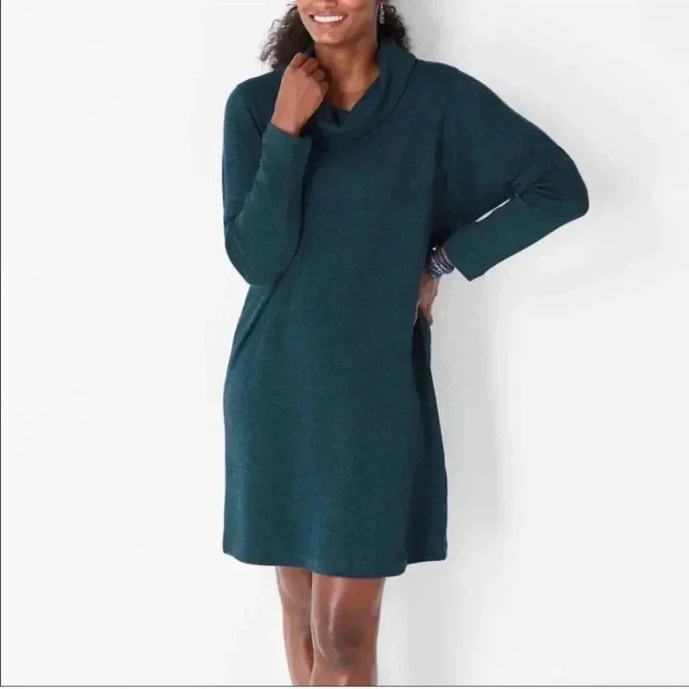 PureJill Size Large Tall Sweater Dress Teal Cotton Long Sleeve